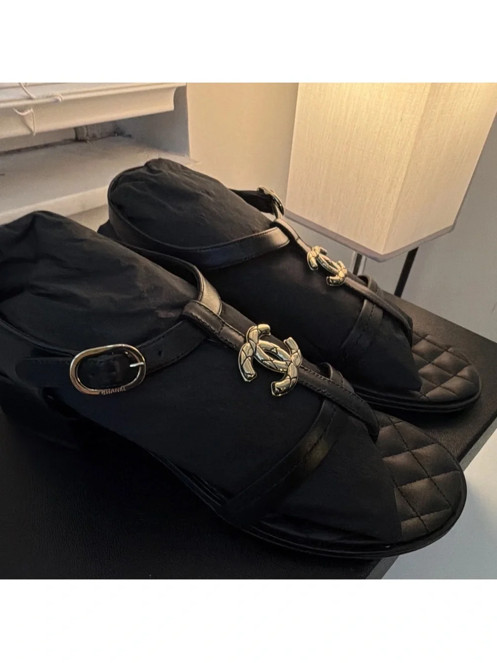 CHANEL G39740 Black Quilted Leather CC Logo Ankle Strap Sandals EU 39 NWB